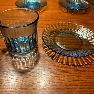 4 Vintage Fortecrisa Light Blue Glass Cup and Saucer Sets Made in Mexico
